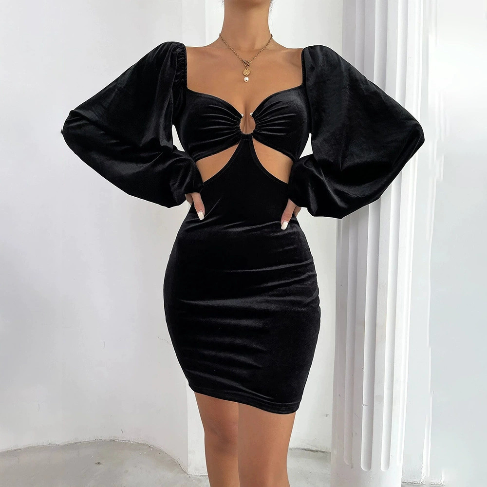 ZARA Sexy Cutout Ring Bodycon Puff Sleeve Velvet Dress